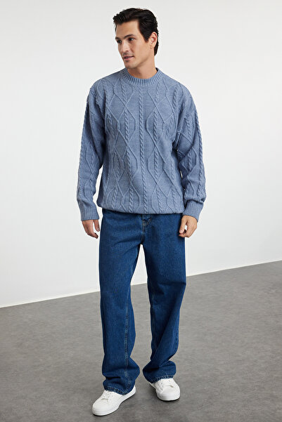 Trendyol Collection Pulover tricotat de păr albastru supradimensionat cu gâtul turnat TMNAW24KZ00003