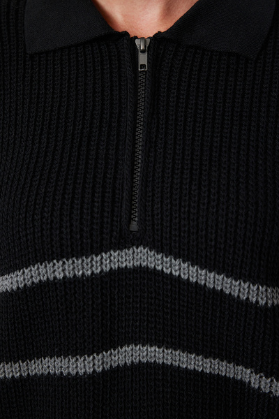 Trendyol Collection Polo Collar Striped Knitwear Sweater - Zippered, Black Twoaw23Sv0007