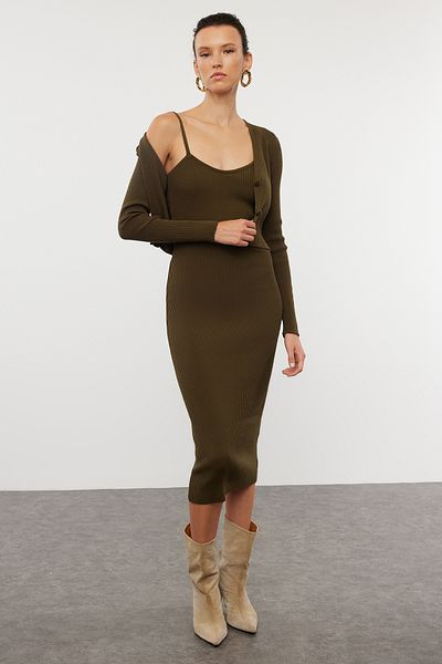 Trendyol Collection Σετ Ζακέτα και Φόρεμα Πλεκτά Χακί Μίντι - TWOSS21EL0208