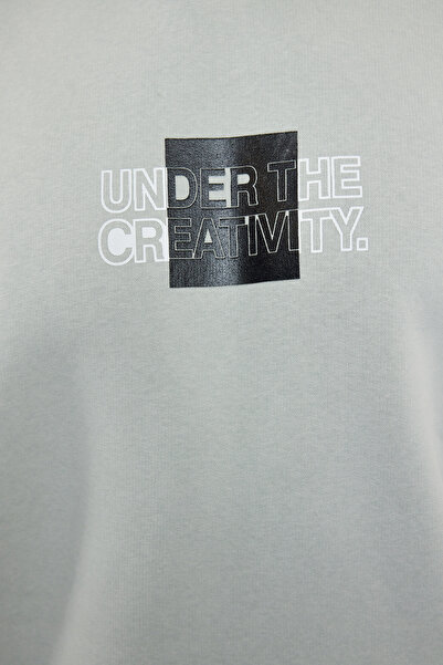Trendyol Collection Graues, übergroßes/breit geschnittenes Kapuzen-Sweatshirt aus 100 % Baumwolle mit langen Ärmeln und Textdruck auf der Rückseite TMNAW24SW00220
