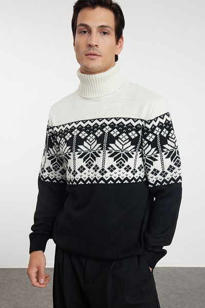 Trendyol Collection Μαύρο κανονικό μάλλινο ζιβάγκο έθνικ πλεκτό πουλόβερ TMNAW22KZ0296