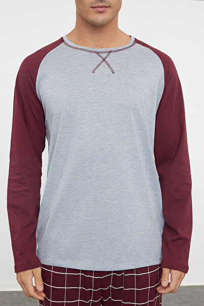 Trendyol Collection Σκούρο μπορντό 100% βαμβακερό ανδρικό κανονική εφαρμογή Raglan μανίκι καρό πλεκτό σετ πιτζάμα THMAW21PT0879