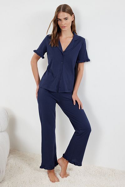 Trendyol Collection Set de lenjerie de dormit tricotată 100% bumbac cu volane indigo - THMSS24PT00223