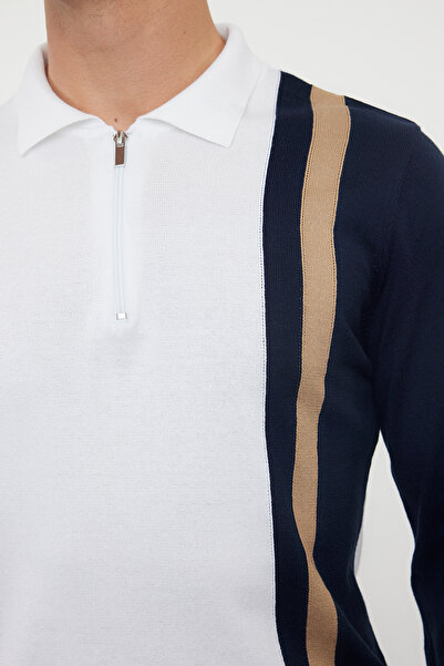 Trendyol Collection Cotton Polo Collar Ecru Knitwear Sweater - Color Block Tmnaw21Kz0424