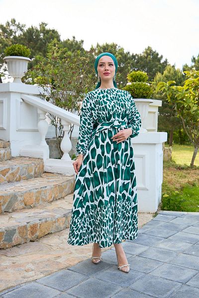 Hülya Keser Emerald Green Piece Patterned Belted Dress
