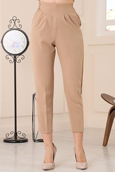 msendam Women's Single Side Belt Detailed Back Waist Part Elastic Front Double Pleated High Waist Pocket Carrot Fabric