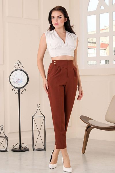 msendam Women's Single Side Belt Detailed Back Waist Part Elastic Front Double Pleated High Waist Pocket Carrot Fabric