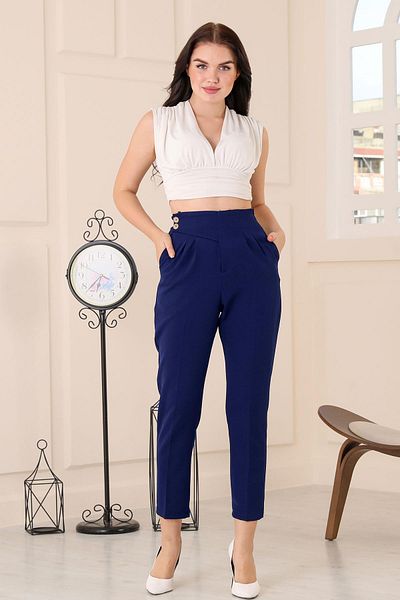 msendam Women's Single Side Belt Detailed Back Waist Part Elastic Front Double Pleated High Waist Pocket Carrot Fabric
