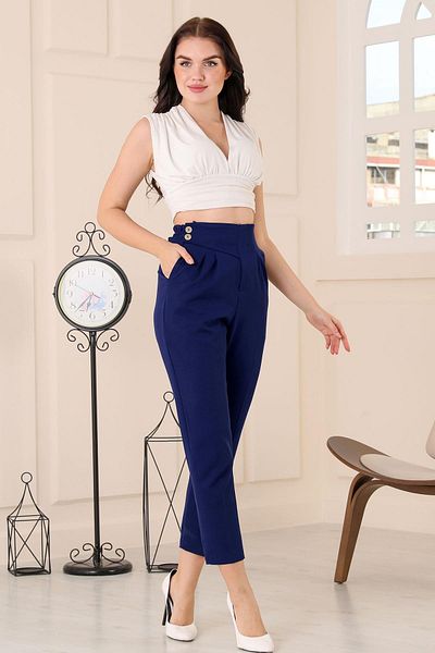 msendam Women's Single Side Belt Detailed Back Waist Part Elastic Front Double Pleated High Waist Pocket Carrot Fabric