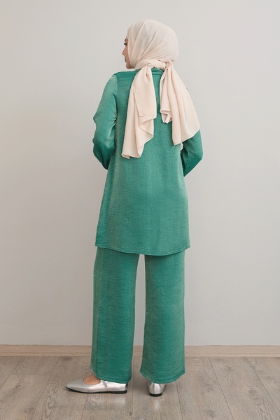 InStyle Glittered Shirt Collar Emerald Green Double Set