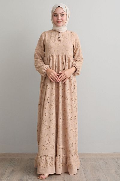InStyle Beige Patterned Tasseled Embroidery Dress