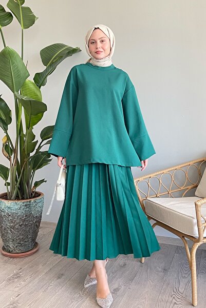 InStyle بدلة تنورة فضفاضة بأكمام خضراء زمردية