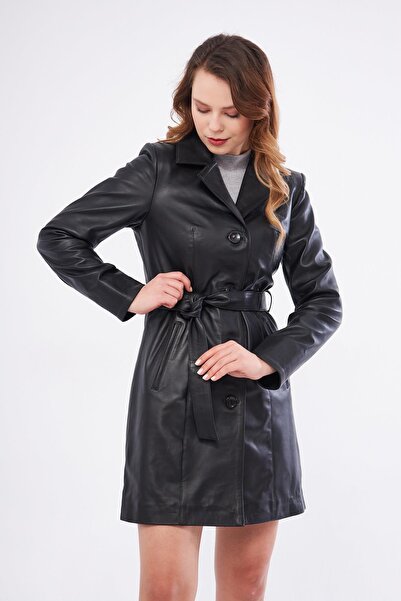 DERİNSS Derinss Dka2373 Hakiki Deri Kadın Siyah Pardesü