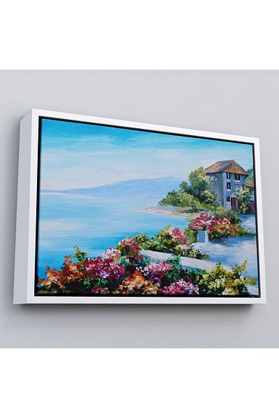 Harita Sepeti Framed House with Sea View among Colorful Flowers Wall Painting-3633