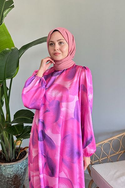 InStyle Φούξια Σατέν Φόρεμα - Abstract Leaf Printed