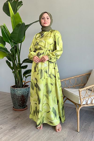InStyle Oil Green Satin Dress - Abstract Leaf Printed
