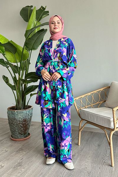 InStyle Purple Viscose Flower Patterned Double Set