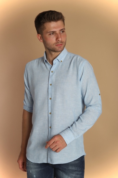 PASSERO Λινό πουκάμισο με μακριά μανίκια και λεπτή εφαρμογή - Σχέδιο με επιλέγμενα λεπτομέρειες