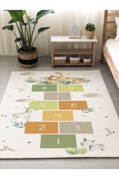 Evmila Dijital Baskılı Kaymaz Taban Yıkanabilir Seksek Desenli Çocuk Ve Bebek...