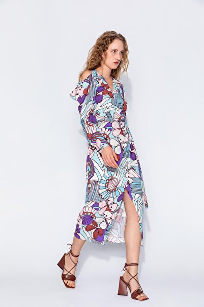 KAMEYA UZUN KOLLU MİDİ ÇOK RENKLİ ELBİSE 24S40452