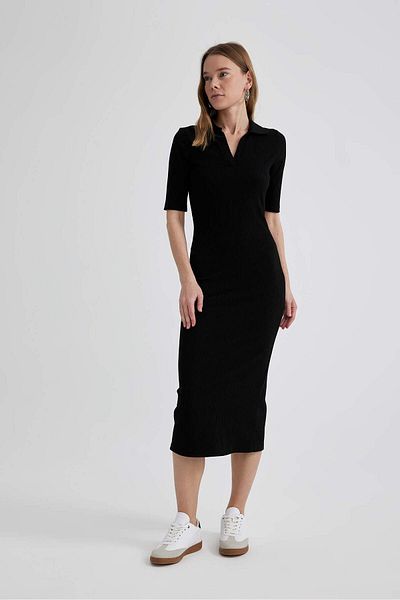 DeFacto Bodycon Polo s výstřihem, žebrovaná košilka Midi s krátkým rukávem