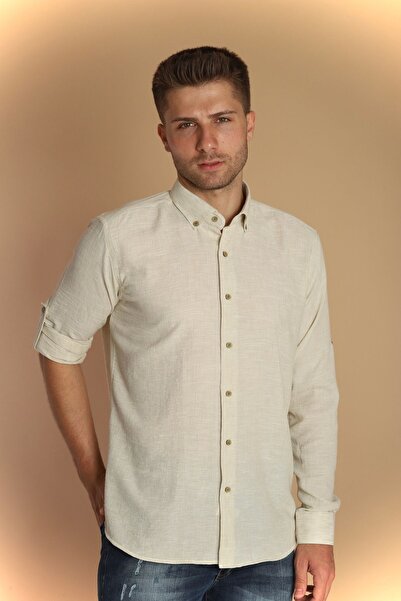 PASSERO Λινό πουκάμισο με μακριά μανίκια και λεπτή εφαρμογή - Σχέδιο με επιλέγμενα λεπτομέρειες