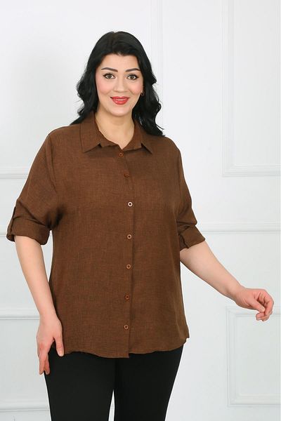 By Alba Collection Дамска кафява риза от мек лен, големи размери