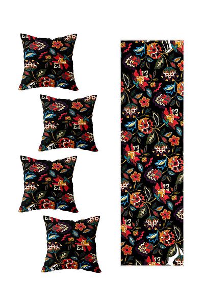 on the clouds Set decorativ Mandala neagră de 4 - Modele Ranır, Pernă și Runner