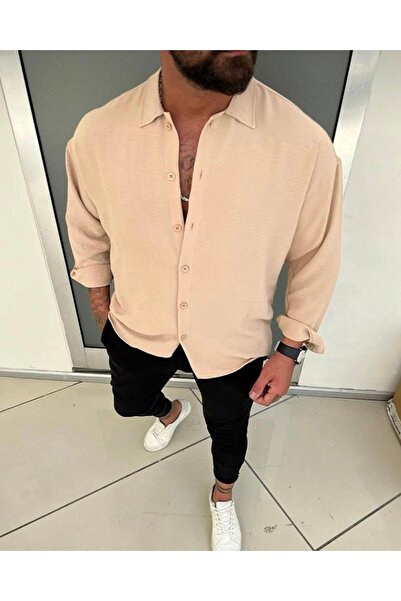JAKARLI Erkek Bej Dokulu Ütü Gerektirmez Aerobin Keten Oversize Gömlek