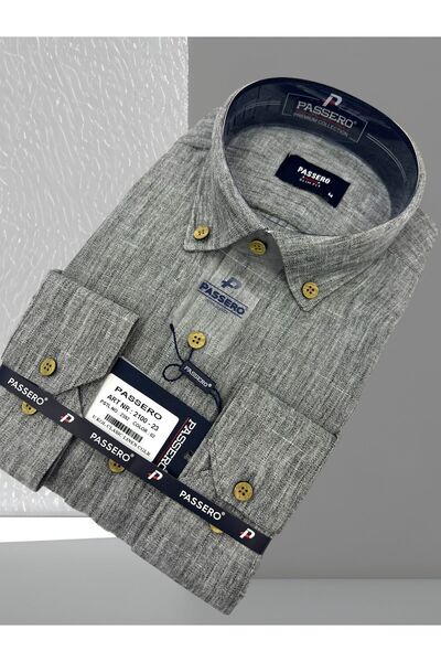 PASSERO Λινό πουκάμισο με μακριά μανίκια και λεπτή εφαρμογή - Σχέδιο με επιλέγμενα λεπτομέρειες