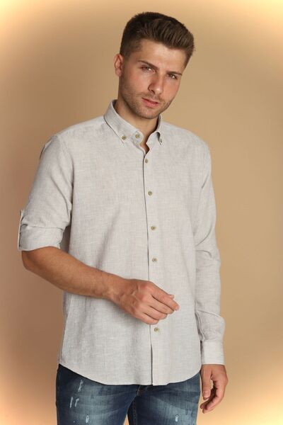 PASSERO Λινό πουκάμισο με μακριά μανίκια και λεπτή εφαρμογή - Σχέδιο με επιλέγμενα λεπτομέρειες