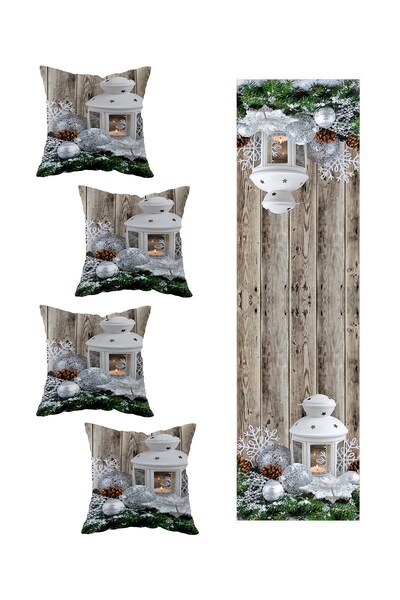 Pelangi Yılbaşı Ahşap Zeminli Fener Masa Değişik Ranır Modelleri Dekoratif 4'lü Kırlent Kılıfı Runner Seti