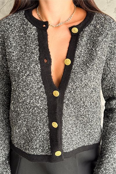 FEMELLE Cardigan negru din tricotaje - Dimensiune standard cu detaliu de nasturi aurii