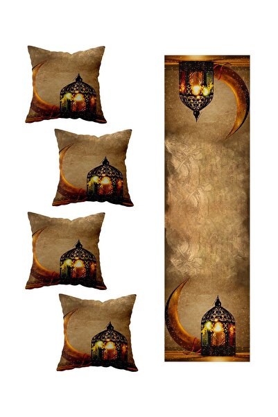 Pelangi Ramazan Fenerli Hilal Ay Masa Değişik Ranır Modelleri Dekoratif 4'lü Kırlent Kılıfı Runner Seti