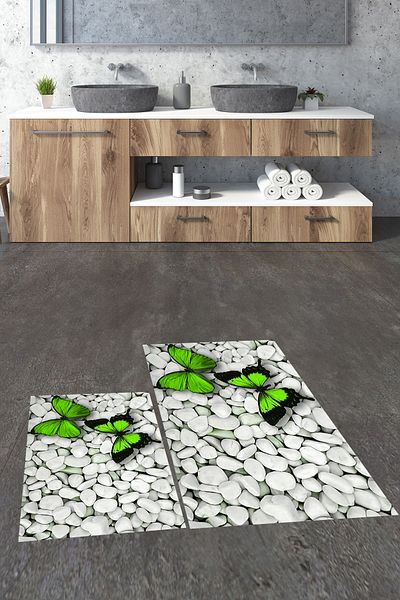 EY HOME Set de scaune de toaletă cu model de fluturi 3D, lavabil, ștergabil, dublu, covor de baie, KLOZET-45-GREEN,