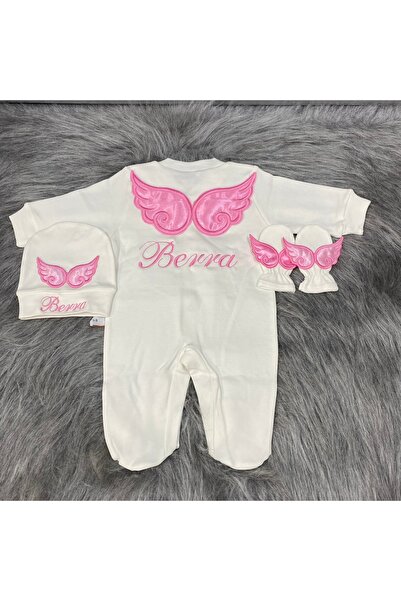 forbebis Baby Pattern 3 Piece Jumpsuit Gloves Hat Set Pink Wings