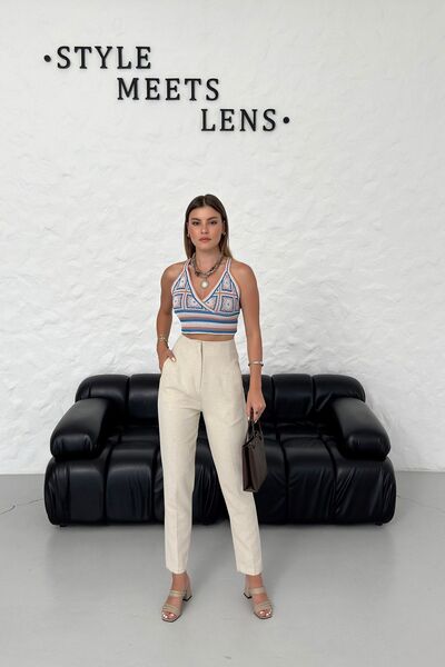 OUZ Fashion Kadın Keten Yüksek Bel Pensli Pantolon