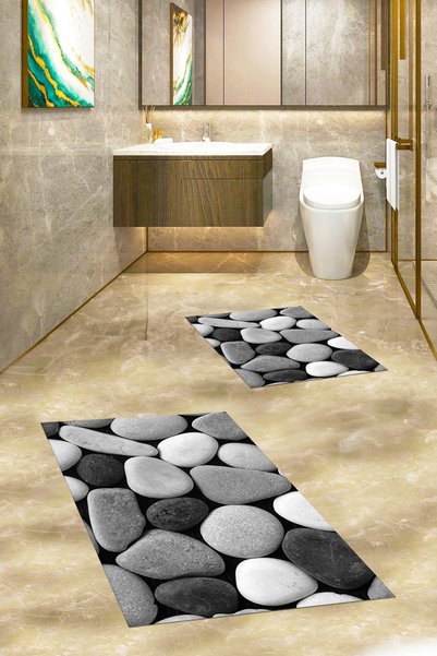 EY HOME 3D Colorful Stone Pattern Washable Non-Slip Wipeable Double-Sided Bathroom Carpet Mat Toilet Set