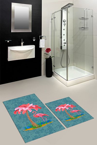 EY HOME Set de scaune de toaletă cu covor de baie dublu, lavabil, imprimat cu model flamingo, KLOZET-30-ALBASTRU,