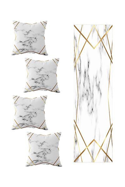 on the clouds 4-Piece Marble Patterned Living Room Kitchen Table Set - Different Ranir Models, Throw Pillow and Runner
