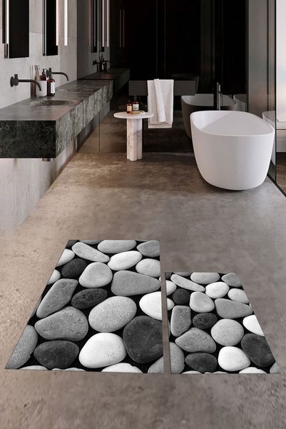 EY HOME 3D Colorful Stone Pattern Washable Non-Slip Wipeable Double-Sided Bathroom Carpet Mat Toilet Set