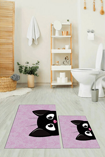 EY HOME طقم سجادة حمام مزدوجة بنمط قطة غير قابلة للانزلاق وقابلة للغسل لعام م...