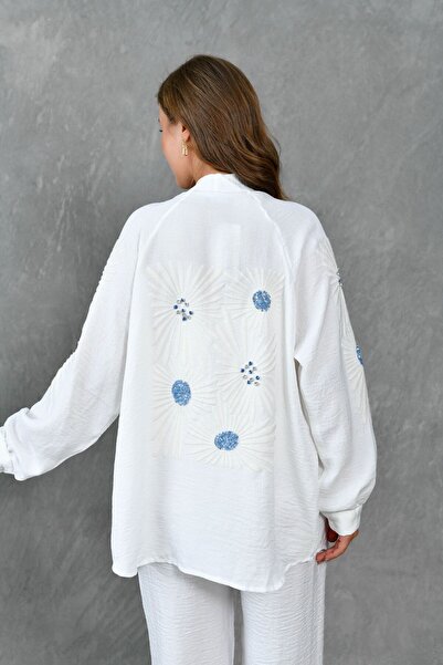 bayansepeti Сорочка з вишивкою на талії та довгі штани з кишенями - Екрю 201