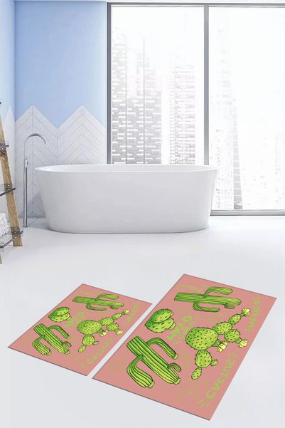 EY HOME Printed Washable Non-Slip Cactus Patterned Double Bathroom Rug Mat Toilet Set