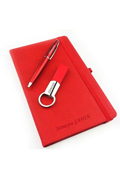 Personalized Red Notebook Pen Keychain Set