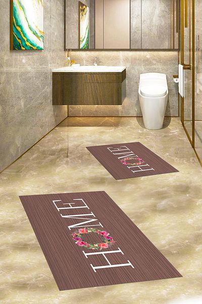 EY HOME Set de scaune de toaletă cu covor dublu pentru baie, lavabil digital, floral, scris acasă, KLOZET-12-BROWN,