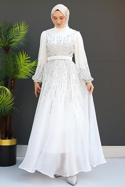 GİZ AGİYİM White Jewelled Evening Dress - Front and Sleeve Detail