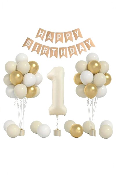 BİDOLUMUTLULUK Krem Rengi Doğum Günü Kutlama Seti Parti Eğlence Kutlama