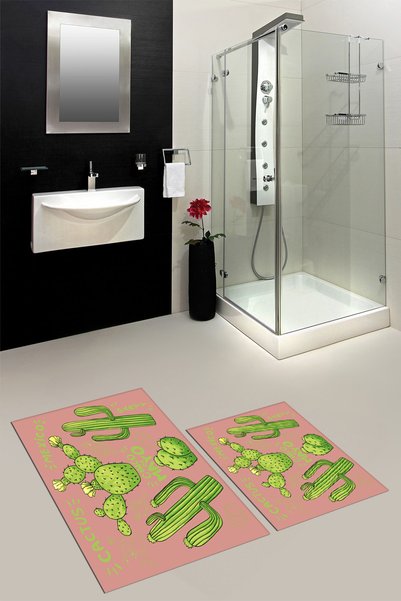 EY HOME Printed Washable Non-Slip Cactus Patterned Double Bathroom Rug Mat Toilet Set