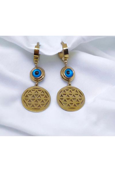G Sport POLO Gold Colored Steel Lotus Model - Evil Eye Bead Detailed Earrings
